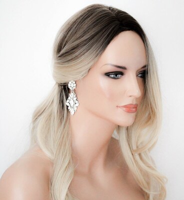 Vintage inspired crystal Bridal earrings with white opal and clear crystals, Special occasion earrings - image2